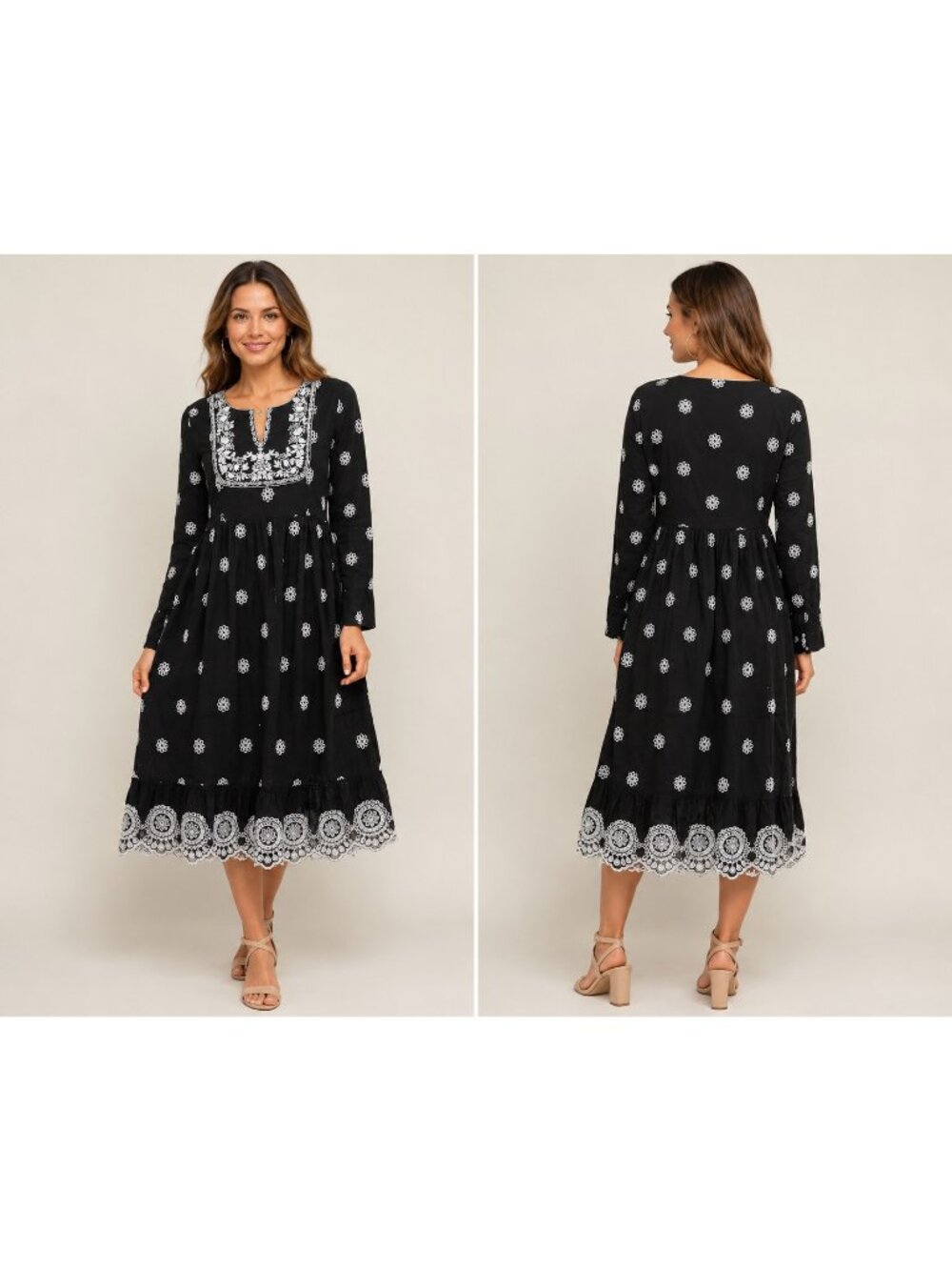 ISHIN Cotton Dress Large  Black White Floral Embroidery  Boho Scalloped Hem